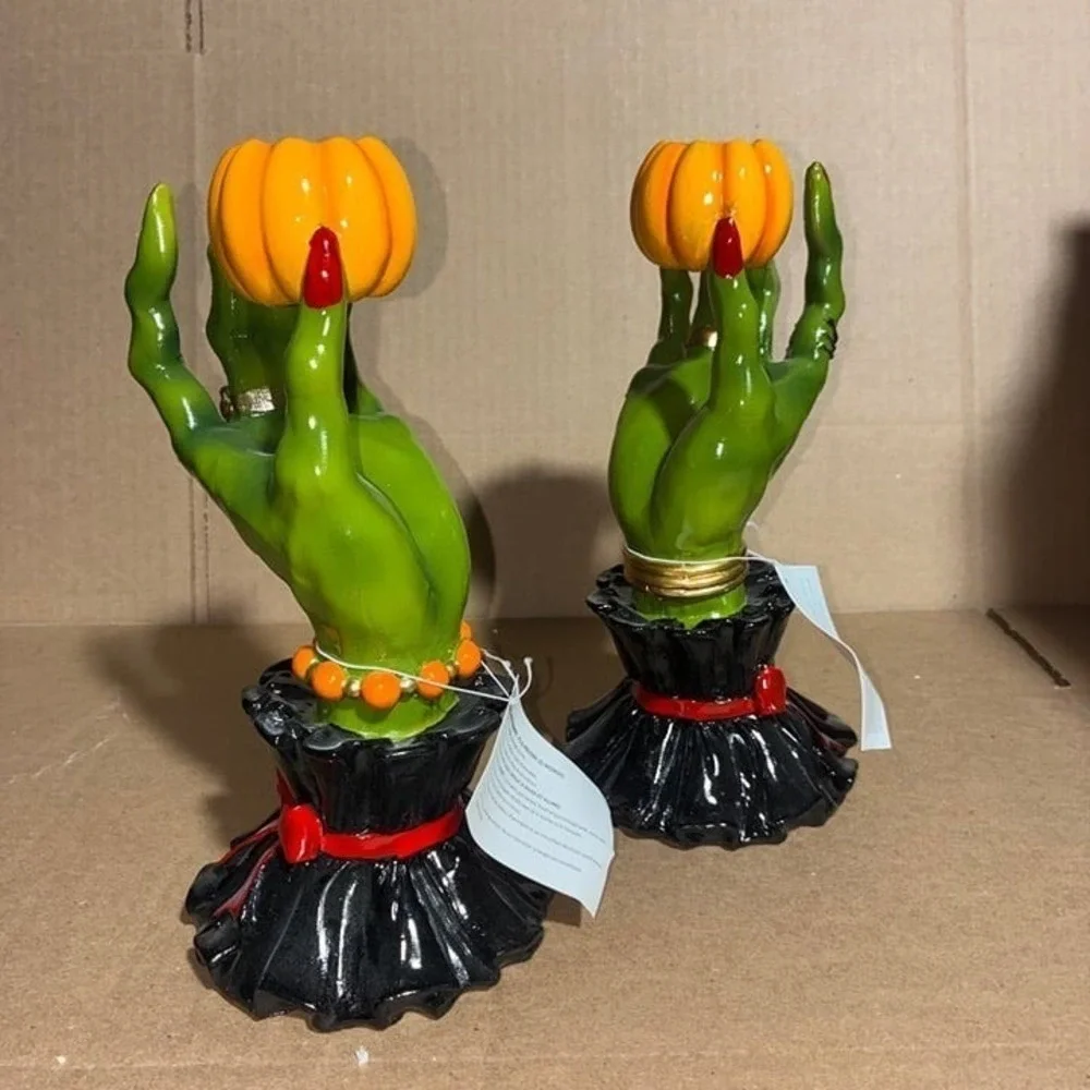 Set of 2 Green Witch Hand Pumpkin Candlestick Holders NWT